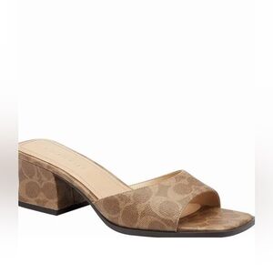 COACH Sculpted C Signature Logo Canvas Block Heel Slide Sandals Tan Color -8